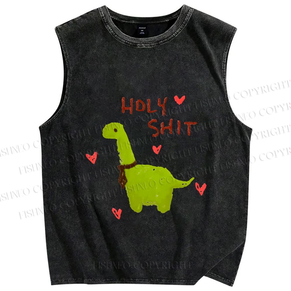Unisex Dinosaur Holy Shit Printed Washed Tank Top