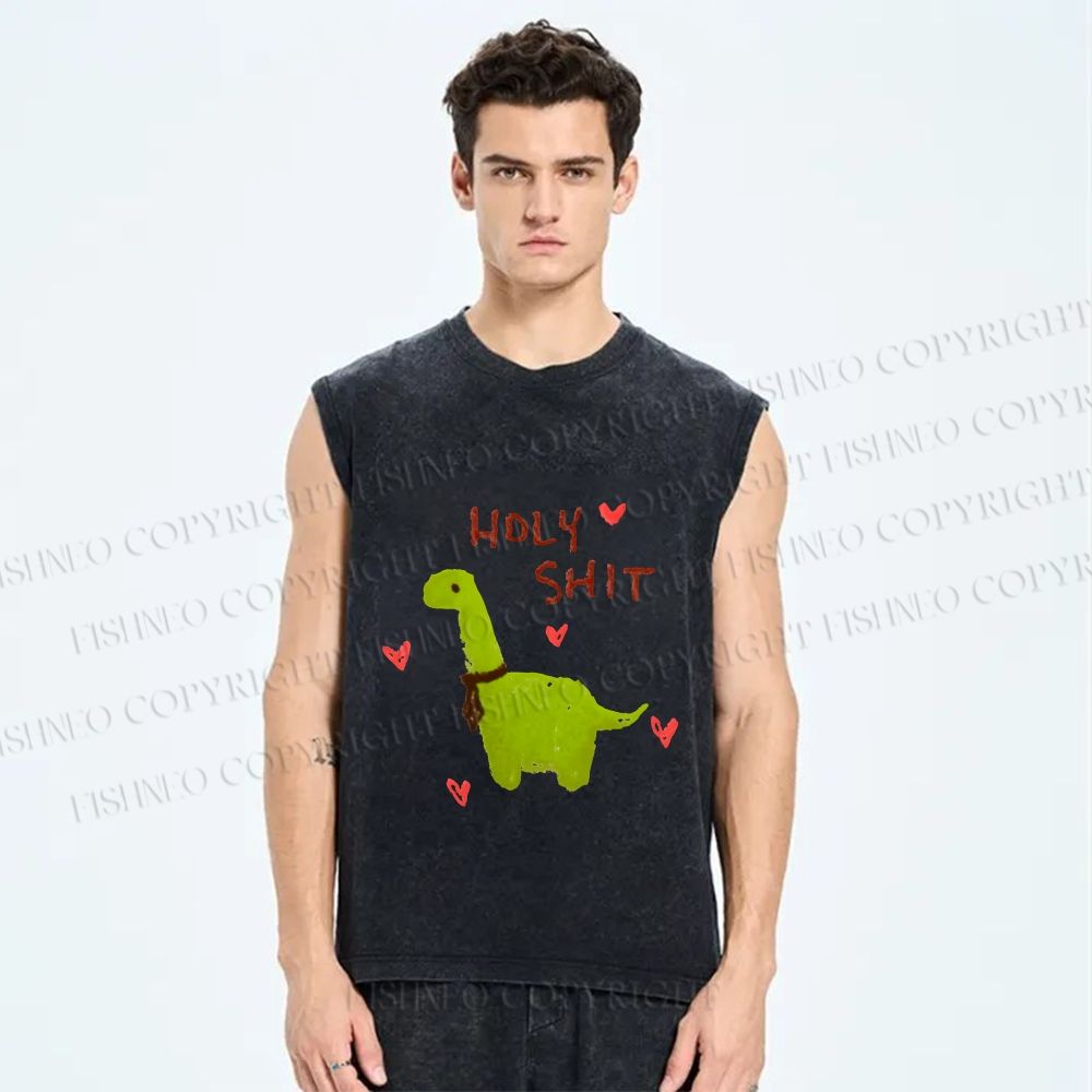 Unisex Dinosaur Holy Shit Printed Washed Tank Top