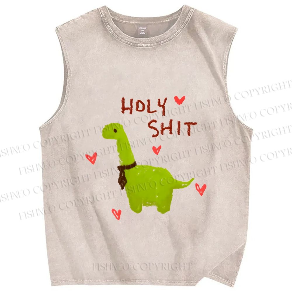 Unisex Dinosaur Holy Shit Printed Washed Tank Top