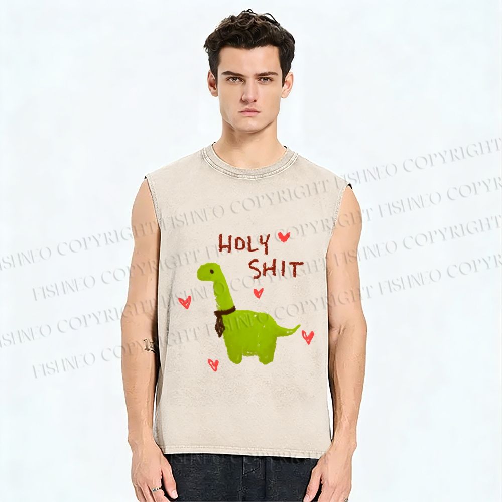 Unisex Dinosaur Holy Shit Printed Washed Tank Top