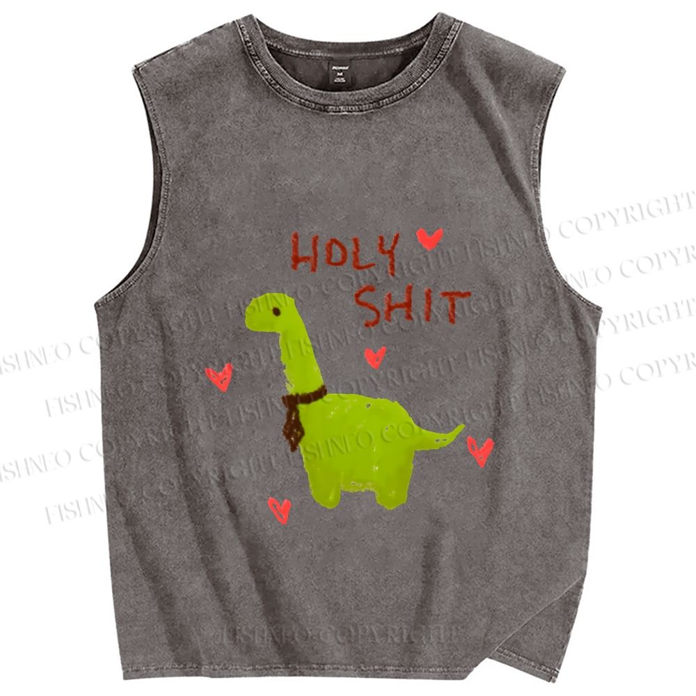 Unisex Dinosaur Holy Shit Printed Washed Tank Top
