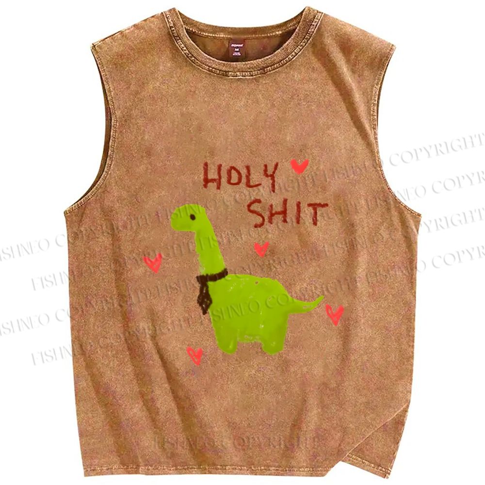Unisex Dinosaur Holy Shit Printed Washed Tank Top