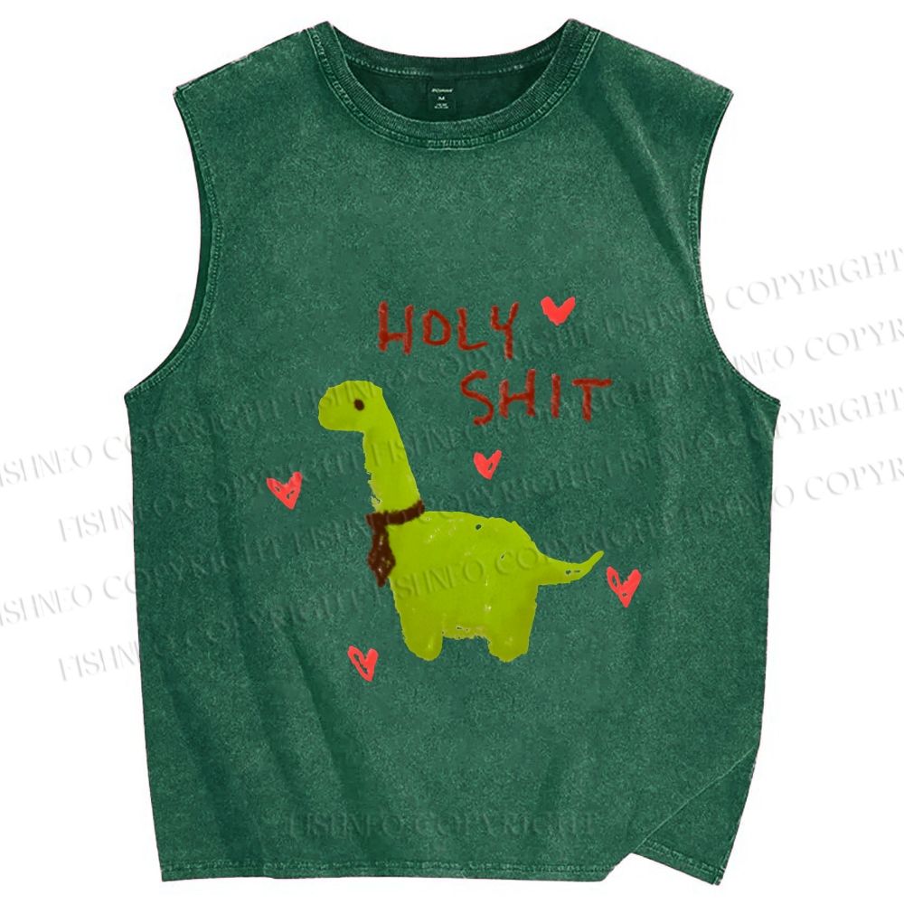 Unisex Dinosaur Holy Shit Printed Washed Tank Top