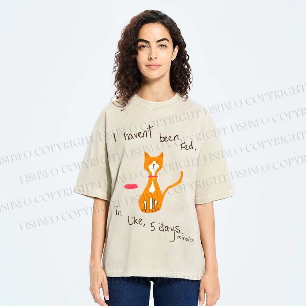 Unisex Hungry Cat Printed Washed Tee