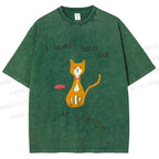 Unisex Hungry Cat Printed Washed Tee