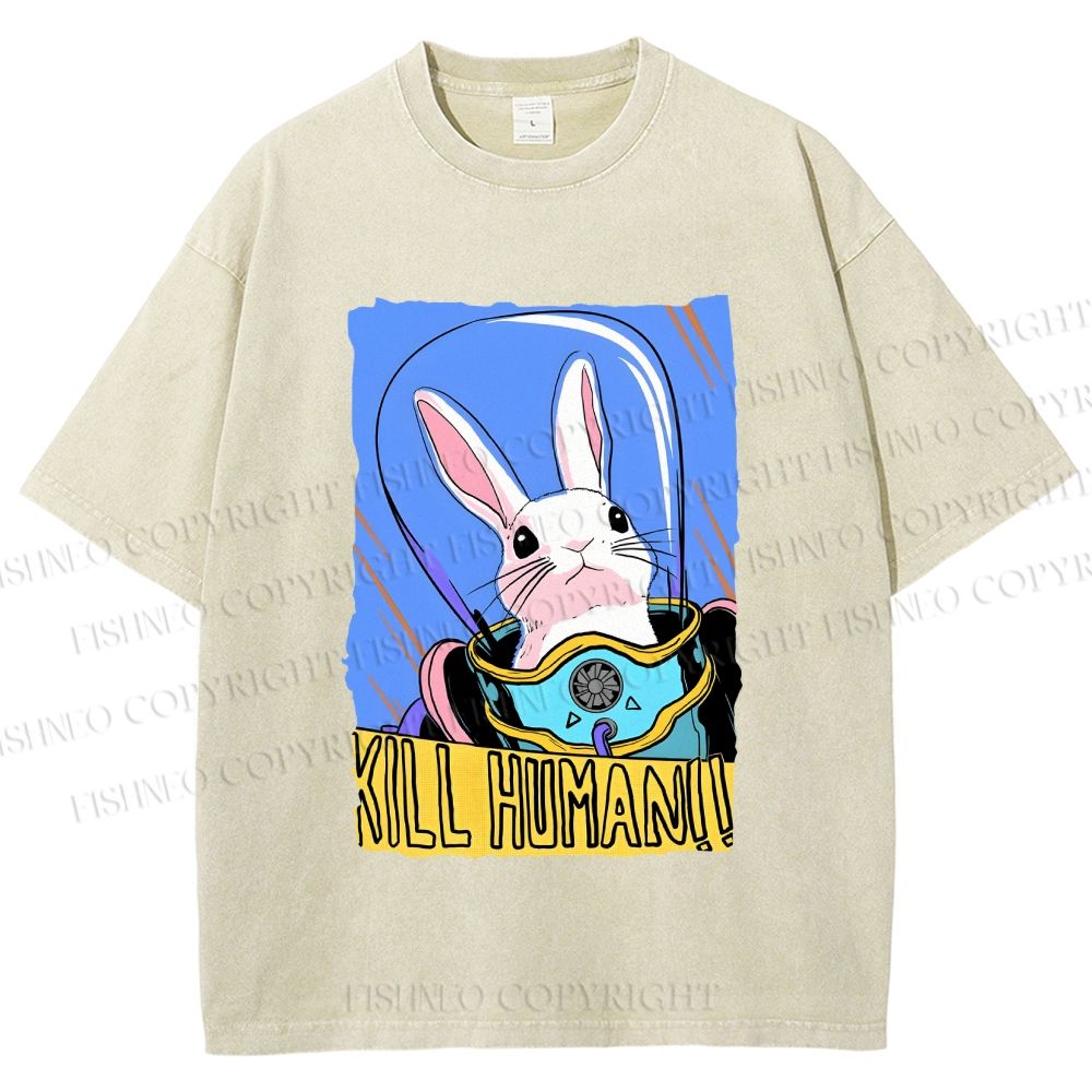 Unisex Astronaut Rabbit Kill Human Printed Washed Tee