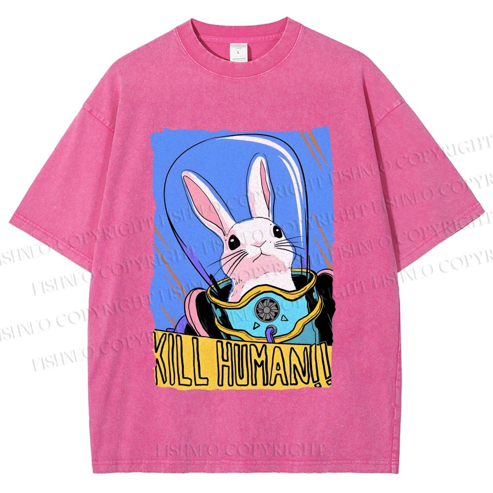 Unisex Astronaut Rabbit Kill Human Printed Washed Tee