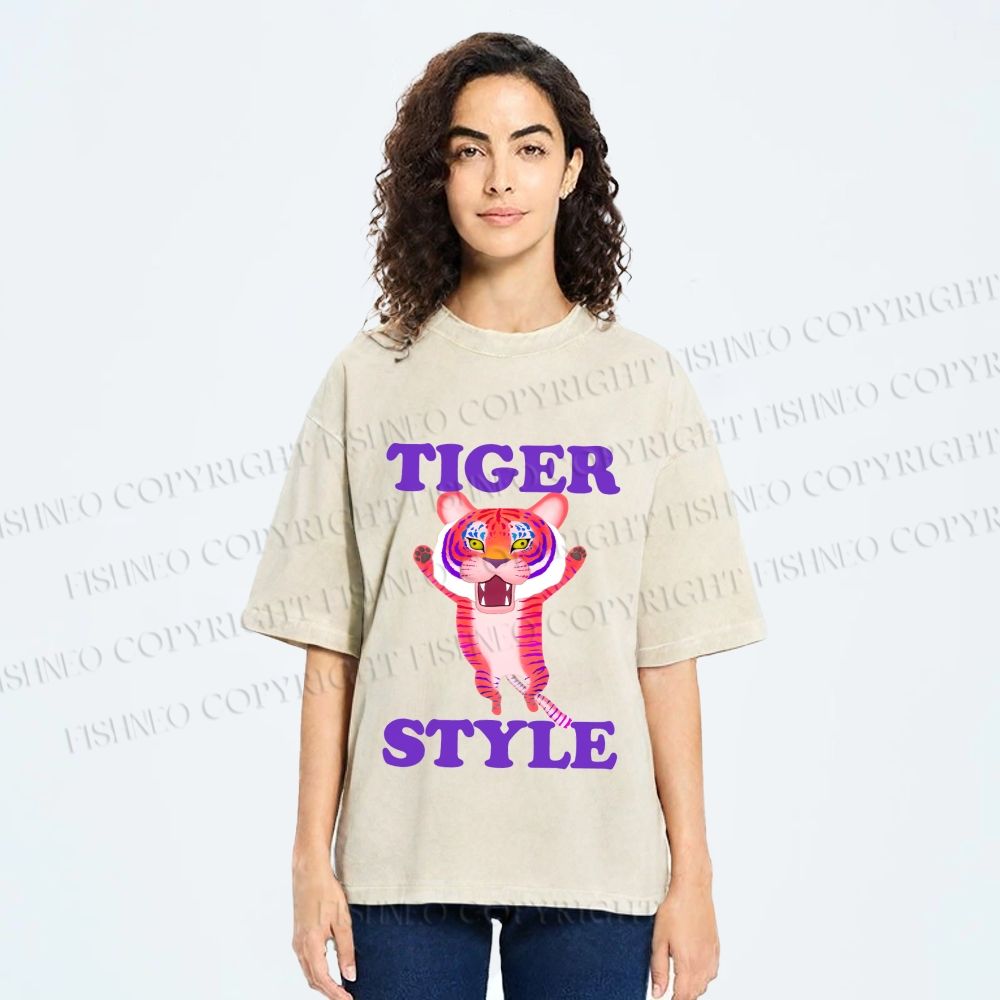 Unisex Tiger Style Printed Washed Tee