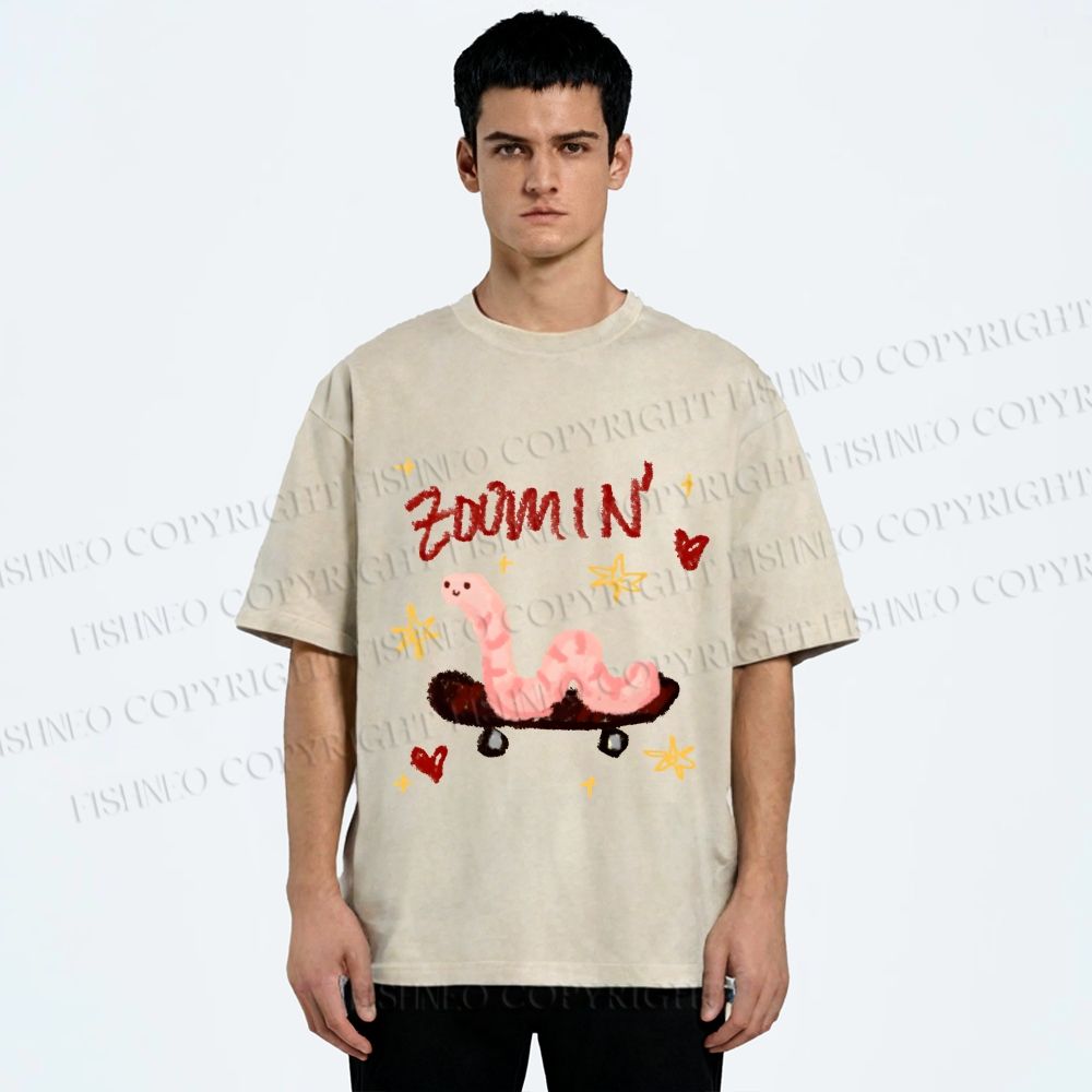 Unisex Zooming Worm Printed Washed Tee