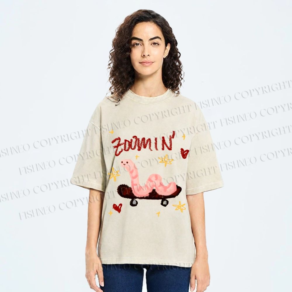 Unisex Zooming Worm Printed Washed Tee