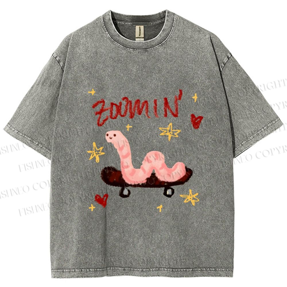 Unisex Zooming Worm Printed Washed Tee