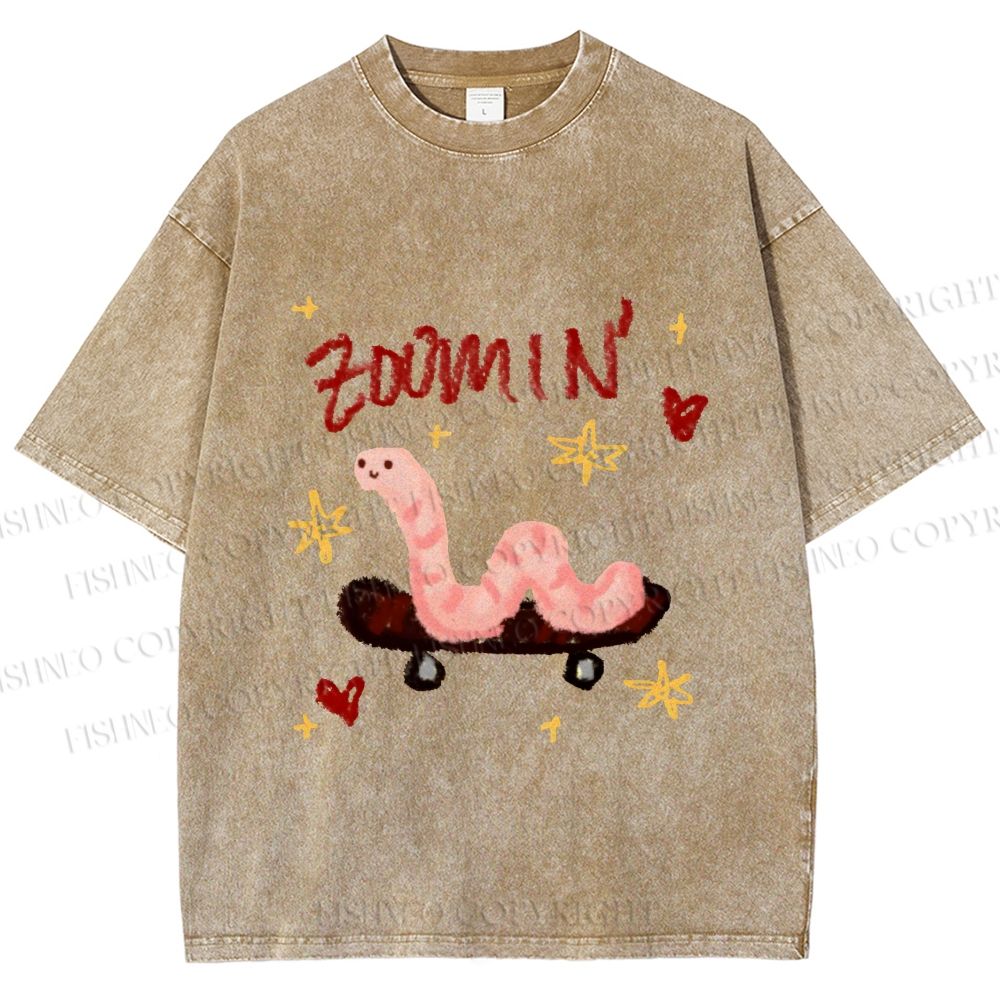 Unisex Zooming Worm Printed Washed Tee