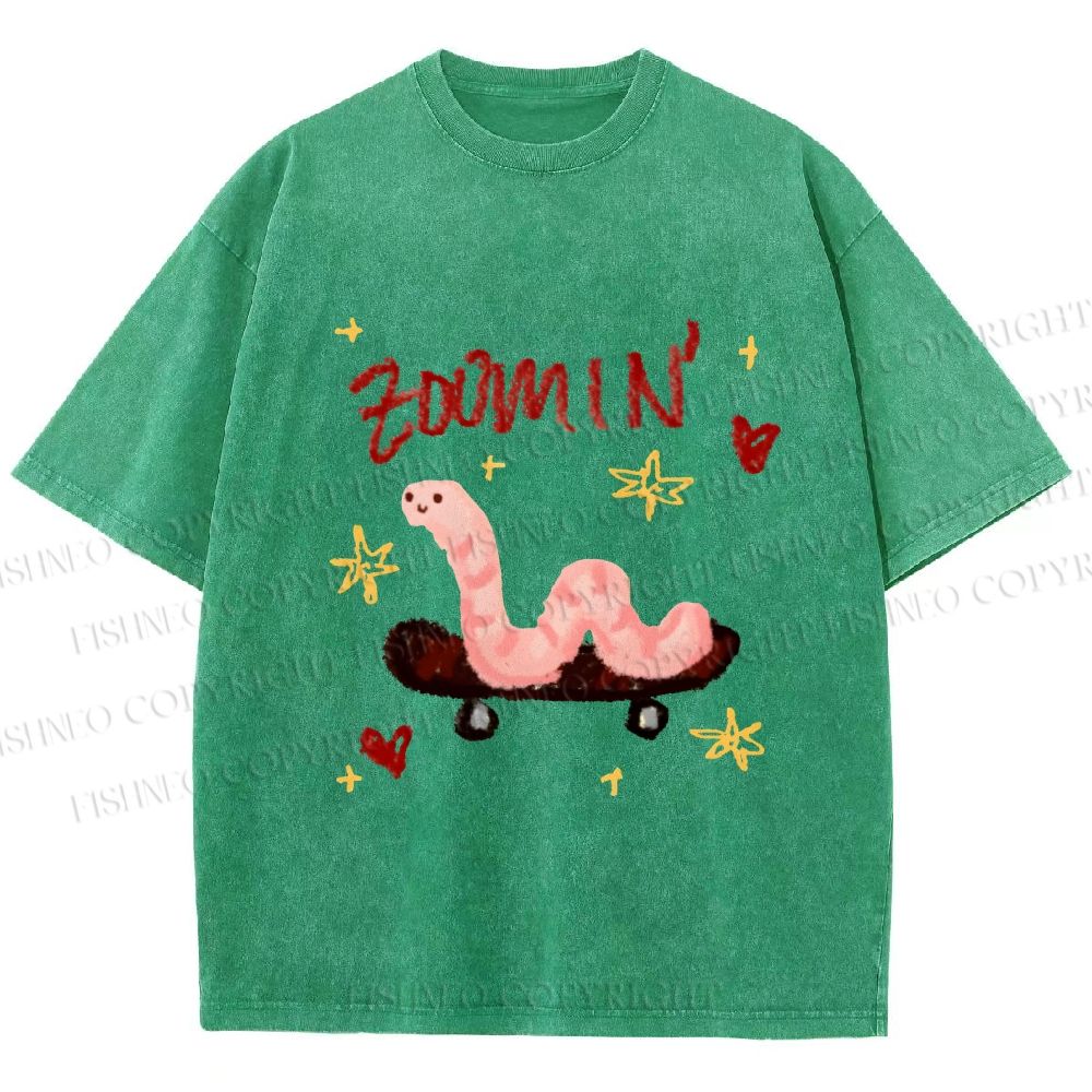 Unisex Zooming Worm Printed Washed Tee