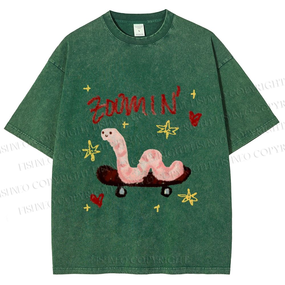 Unisex Zooming Worm Printed Washed Tee