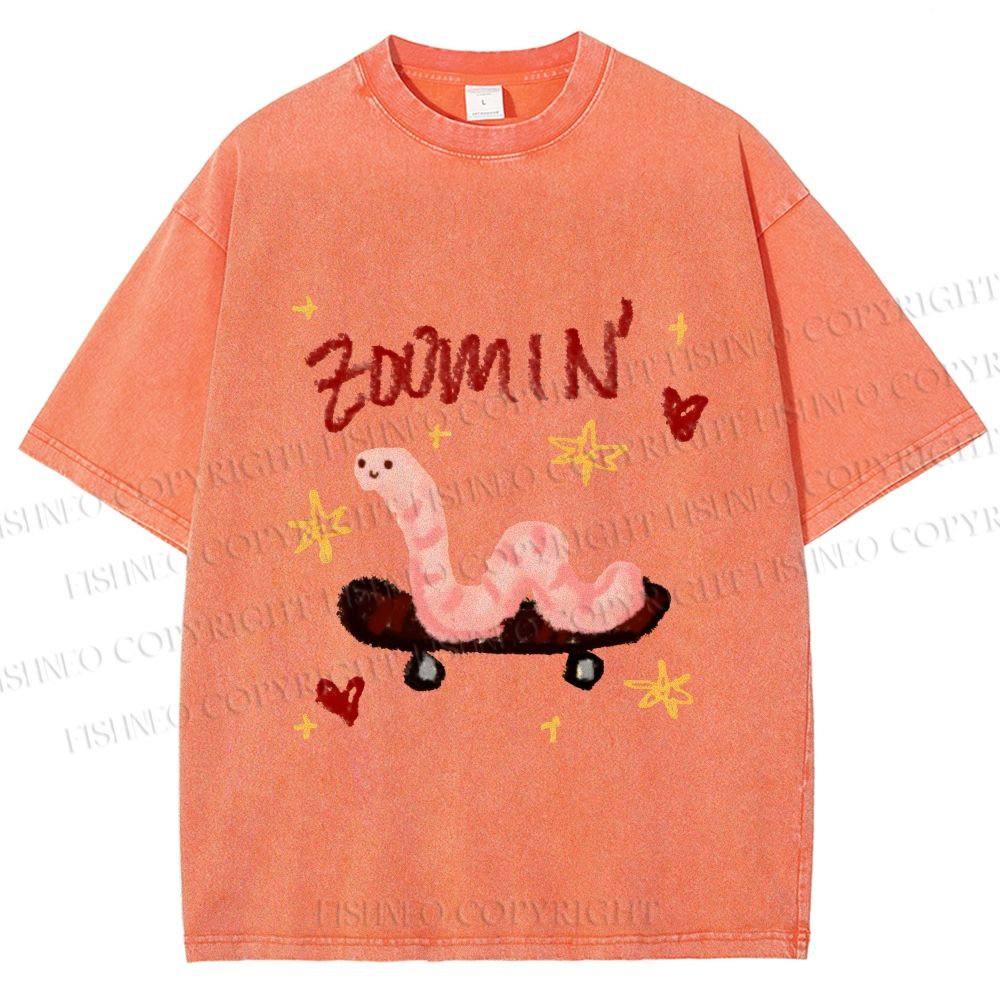 Unisex Zooming Worm Printed Washed Tee