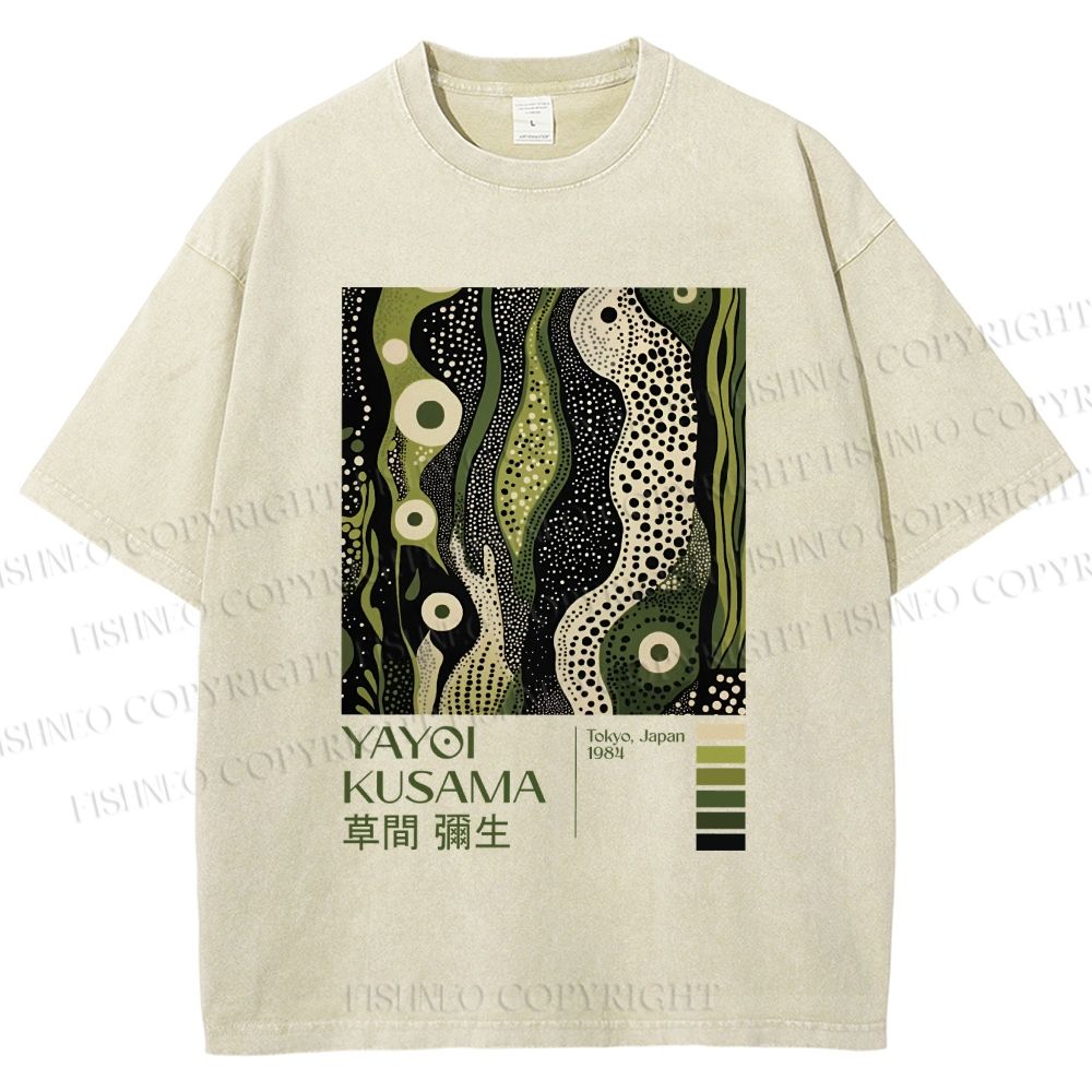 Unisex Yayoi Kusama Green Wood Printed Washed Tee