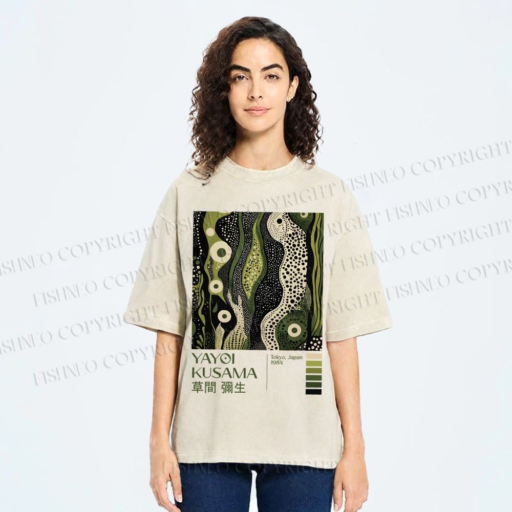 Unisex Yayoi Kusama Green Wood Printed Washed Tee
