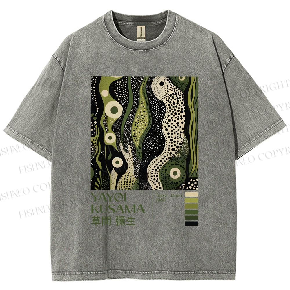 Unisex Yayoi Kusama Green Wood Printed Washed Tee