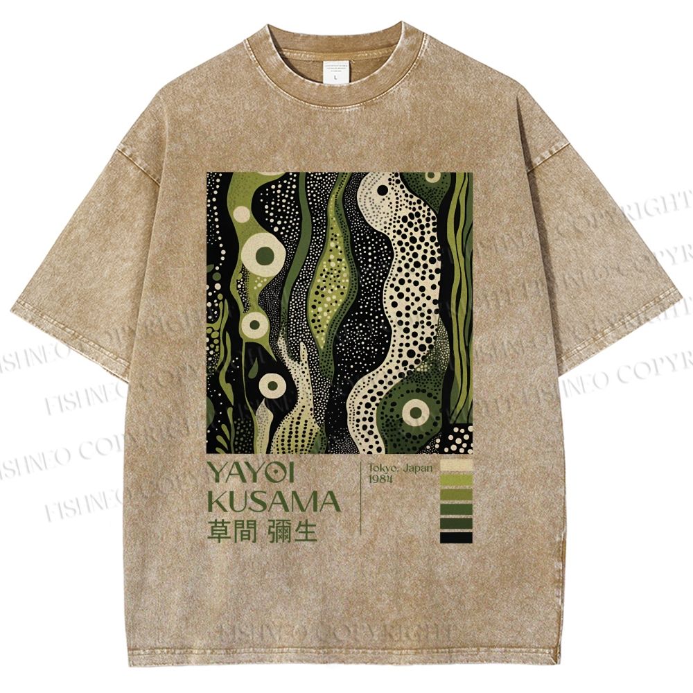 Unisex Yayoi Kusama Green Wood Printed Washed Tee