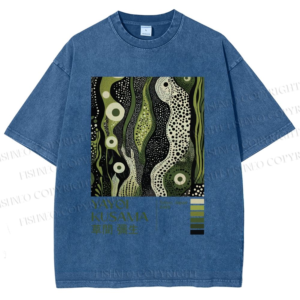 Unisex Yayoi Kusama Green Wood Printed Washed Tee