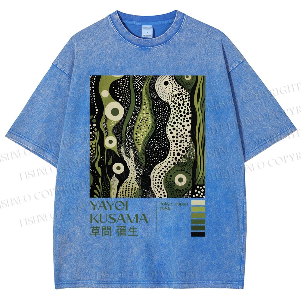 Unisex Yayoi Kusama Green Wood Printed Washed Tee