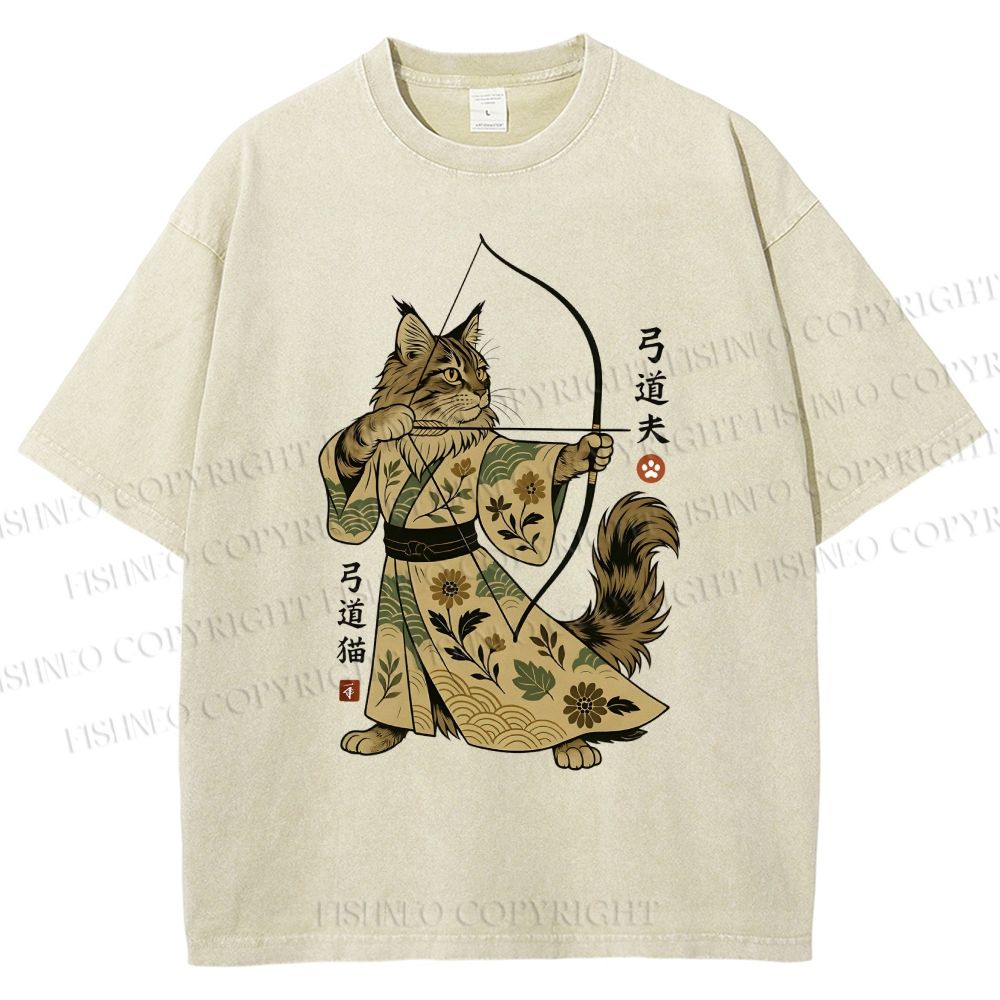 Unisex Cat With A Bow And Arrow Printed Washed Tee