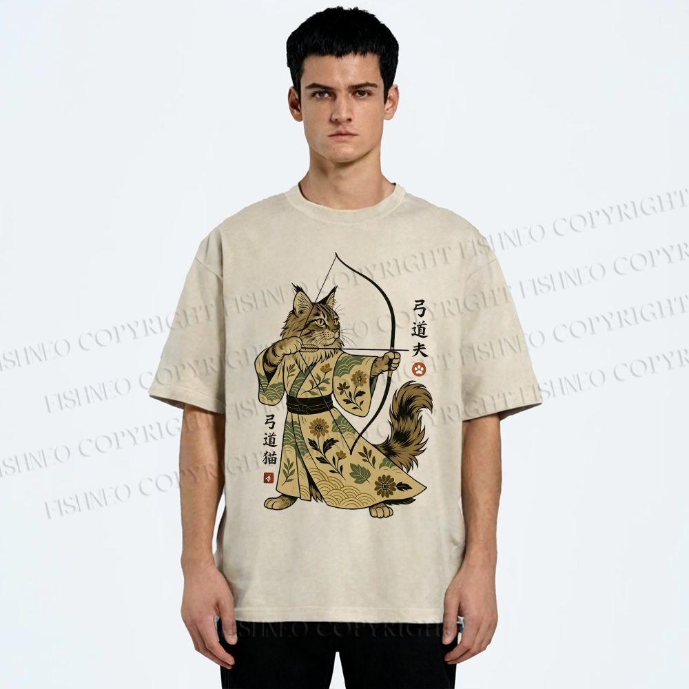 Unisex Cat With A Bow And Arrow Printed Washed Tee