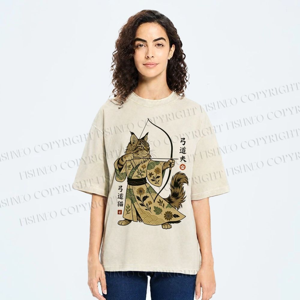 Unisex Cat With A Bow And Arrow Printed Washed Tee