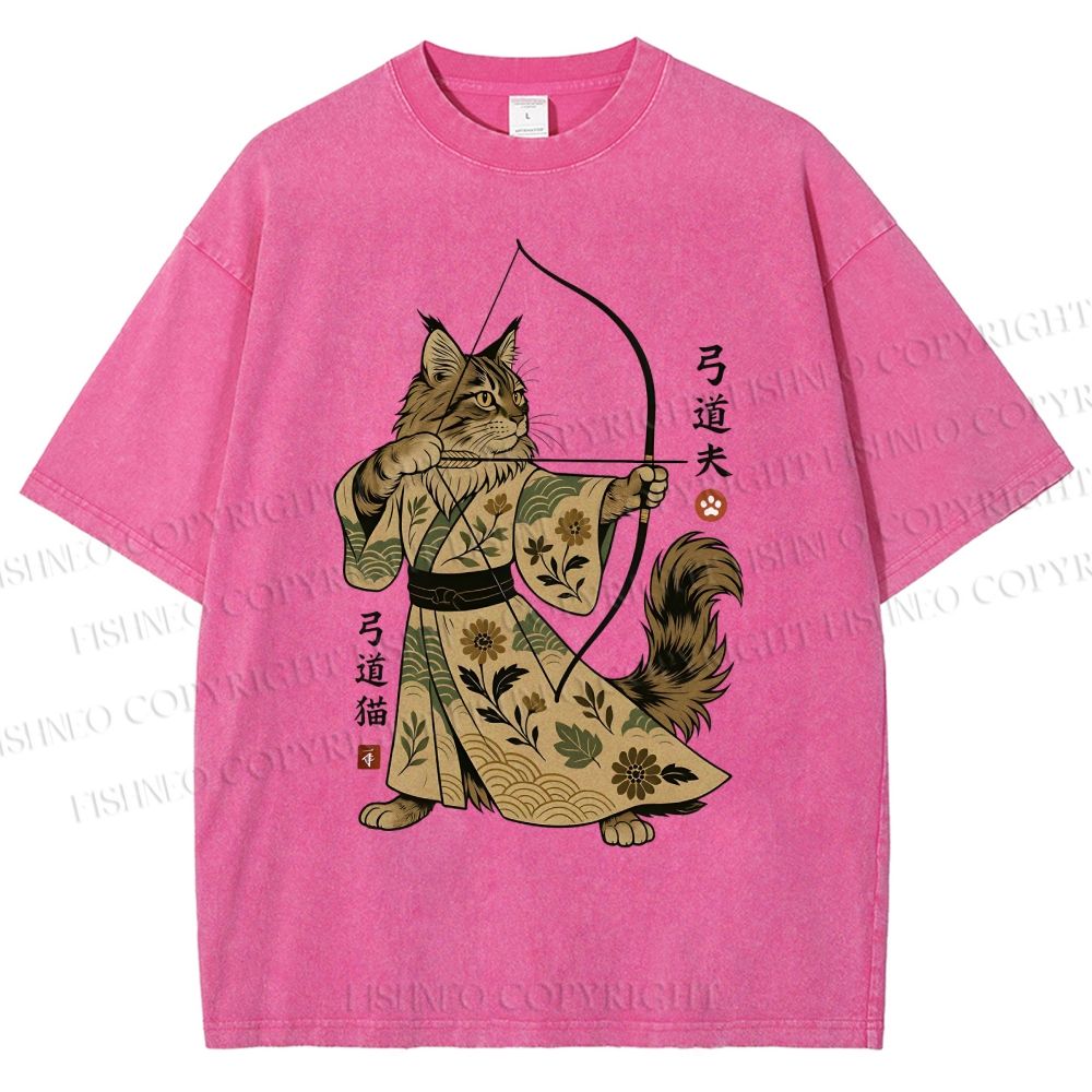 Unisex Cat With A Bow And Arrow Printed Washed Tee