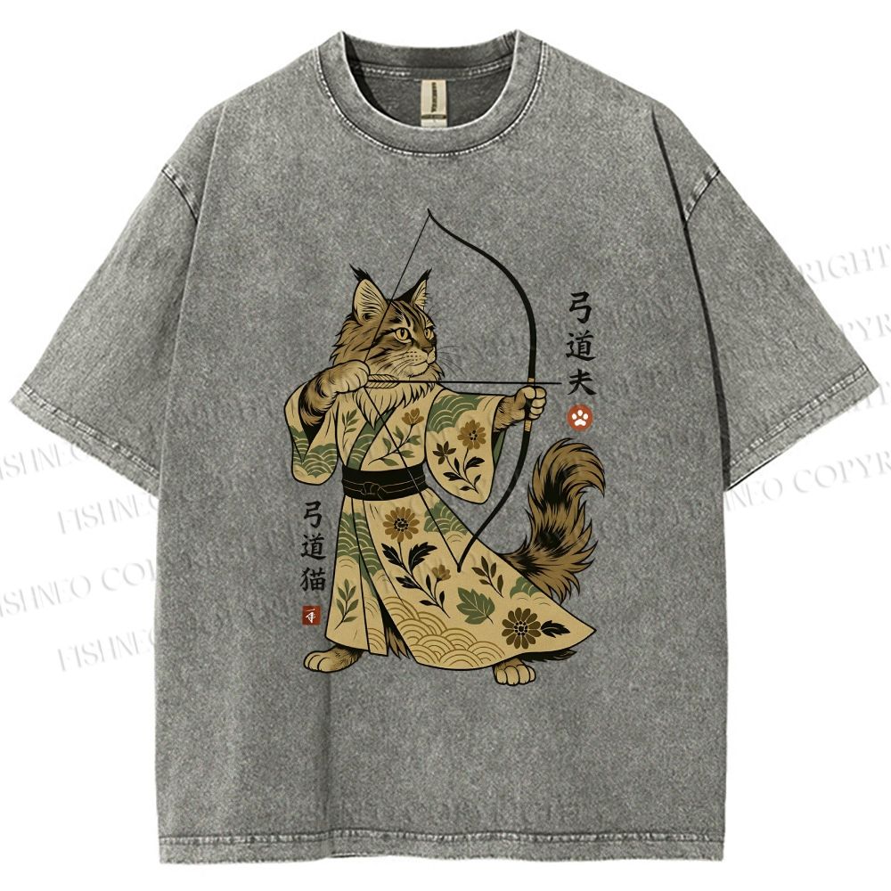 Unisex Cat With A Bow And Arrow Printed Washed Tee
