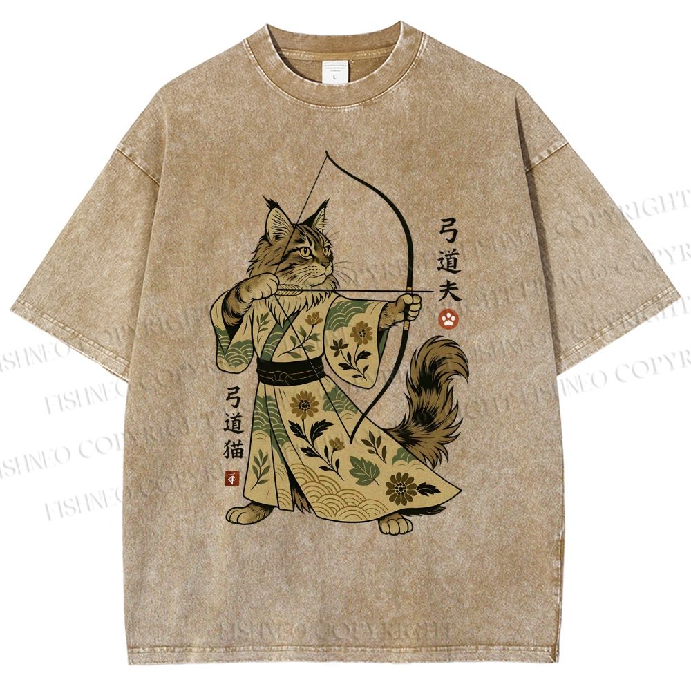 Unisex Cat With A Bow And Arrow Printed Washed Tee