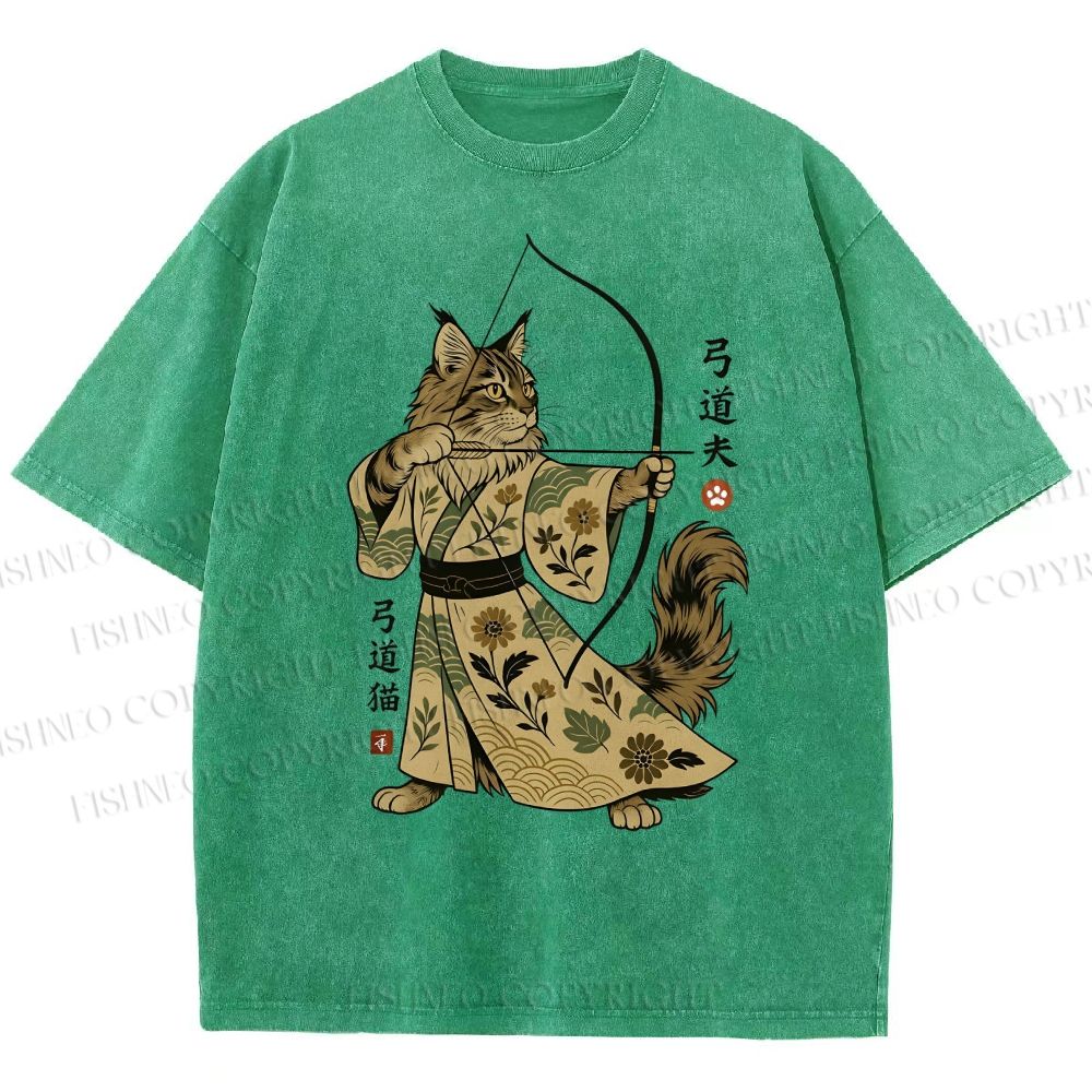 Unisex Cat With A Bow And Arrow Printed Washed Tee