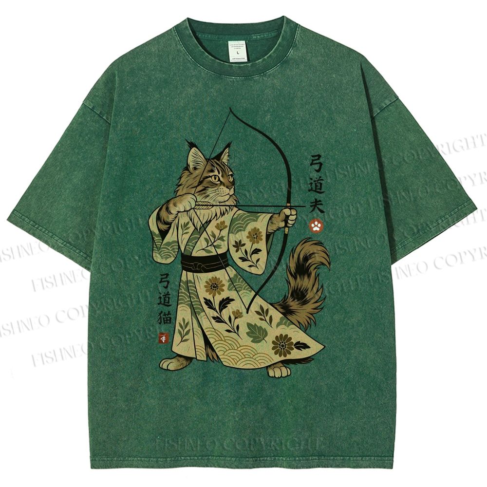 Unisex Cat With A Bow And Arrow Printed Washed Tee
