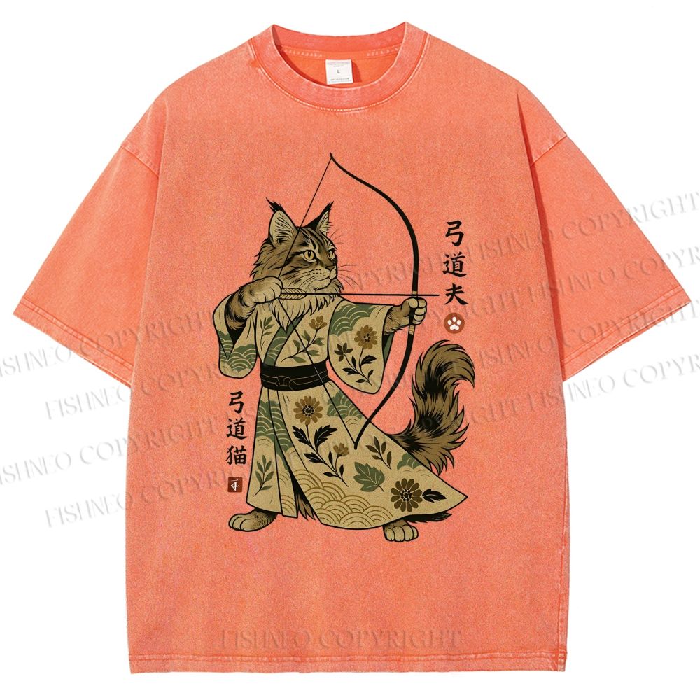 Unisex Cat With A Bow And Arrow Printed Washed Tee