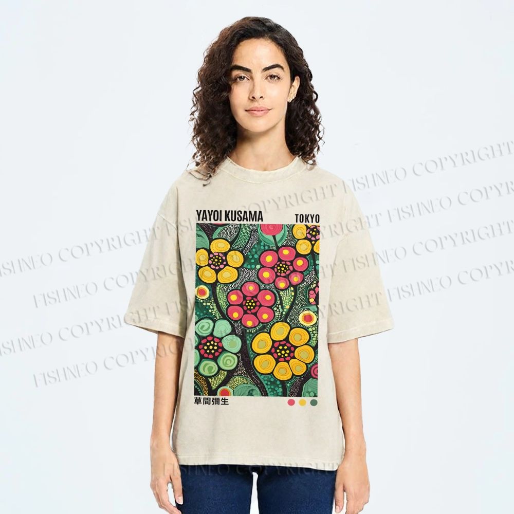 Unisex Yayoi Kusama Flower Printed Washed Tee