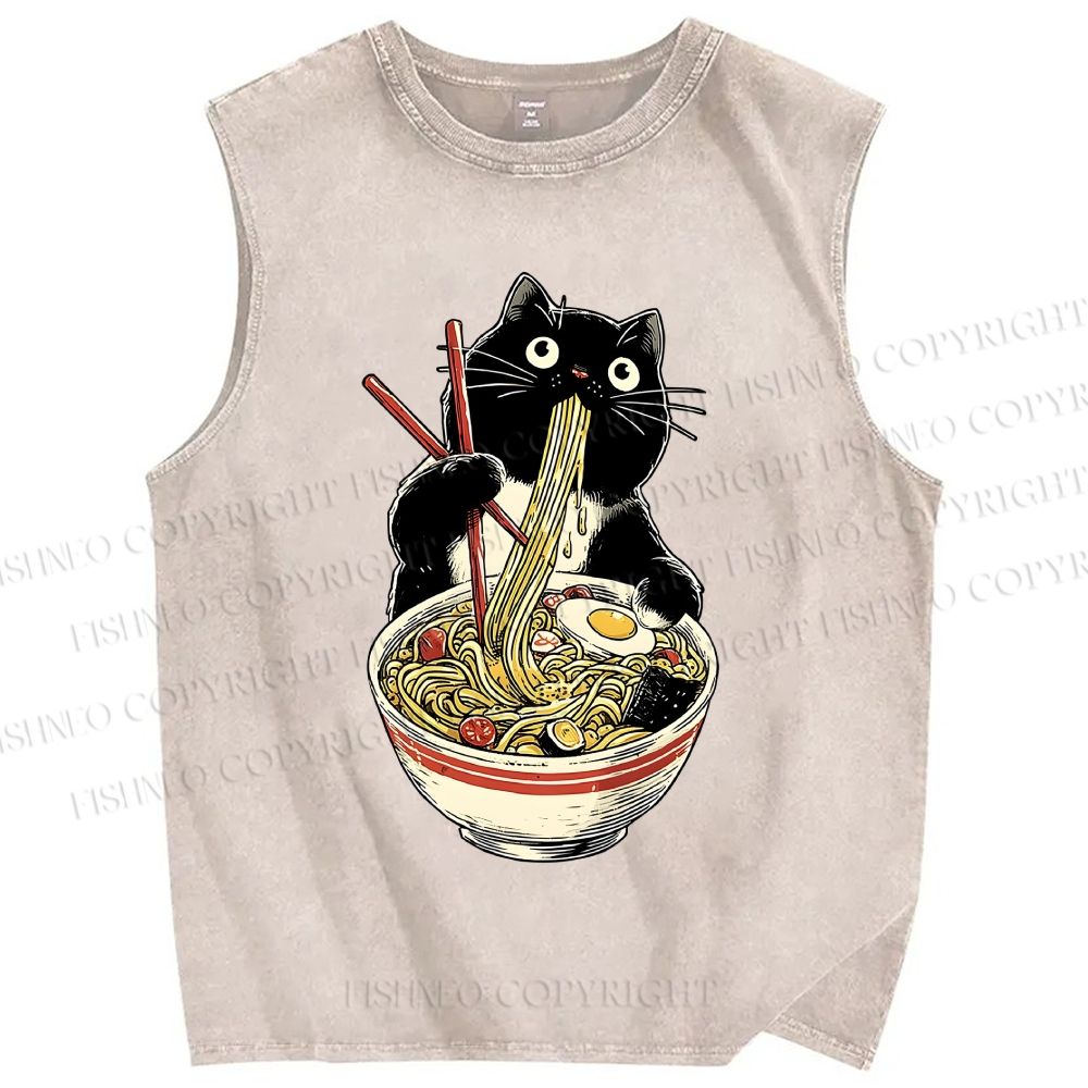 Unisex Ramen Black Cat Printed Washed Tank Top