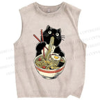 Unisex Ramen Black Cat Printed Washed Tank Top