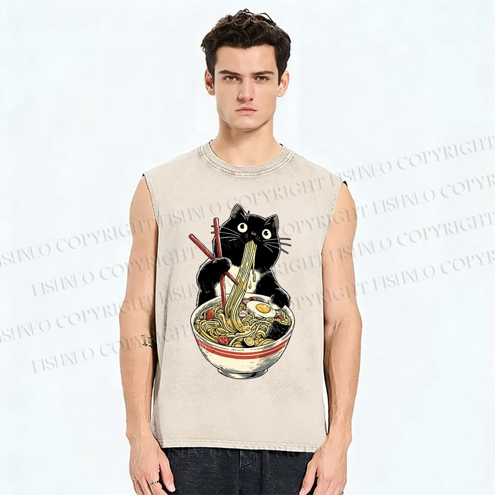 Unisex Ramen Black Cat Printed Washed Tank Top