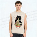 Unisex Ramen Black Cat Printed Washed Tank Top