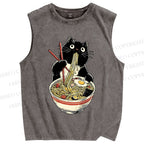 Unisex Ramen Black Cat Printed Washed Tank Top