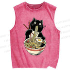 Unisex Ramen Black Cat Printed Washed Tank Top