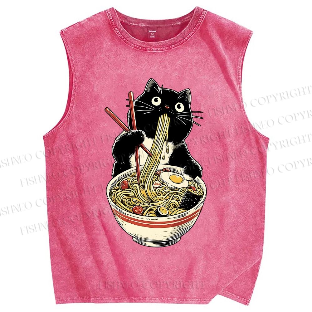 Unisex Ramen Black Cat Printed Washed Tank Top