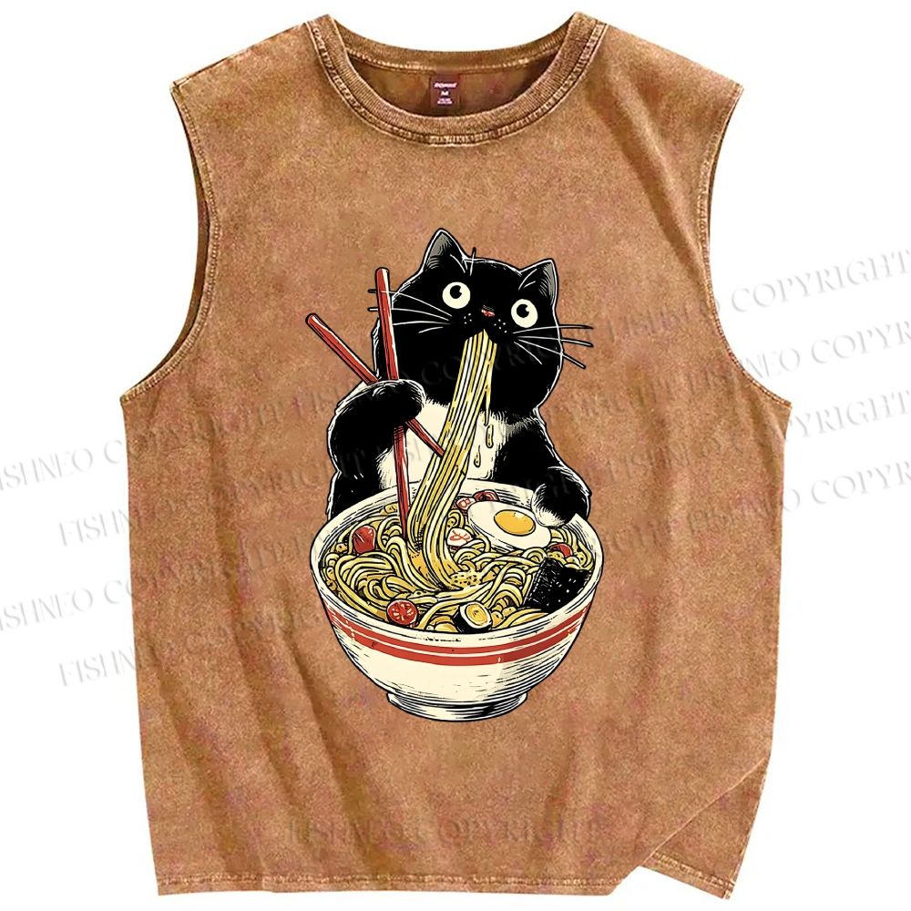 Unisex Ramen Black Cat Printed Washed Tank Top