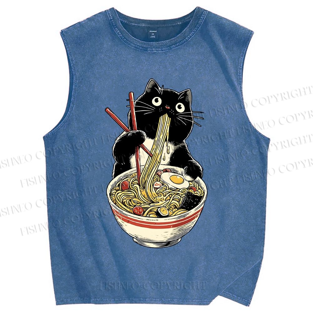 Unisex Ramen Black Cat Printed Washed Tank Top