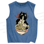 Unisex Ramen Black Cat Printed Washed Tank Top