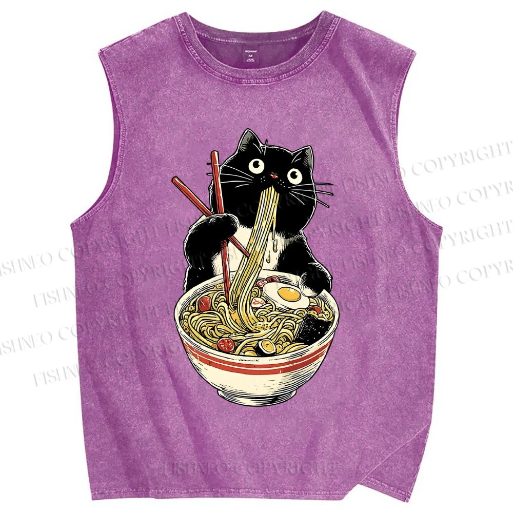 Unisex Ramen Black Cat Printed Washed Tank Top