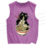Unisex Ramen Black Cat Printed Washed Tank Top