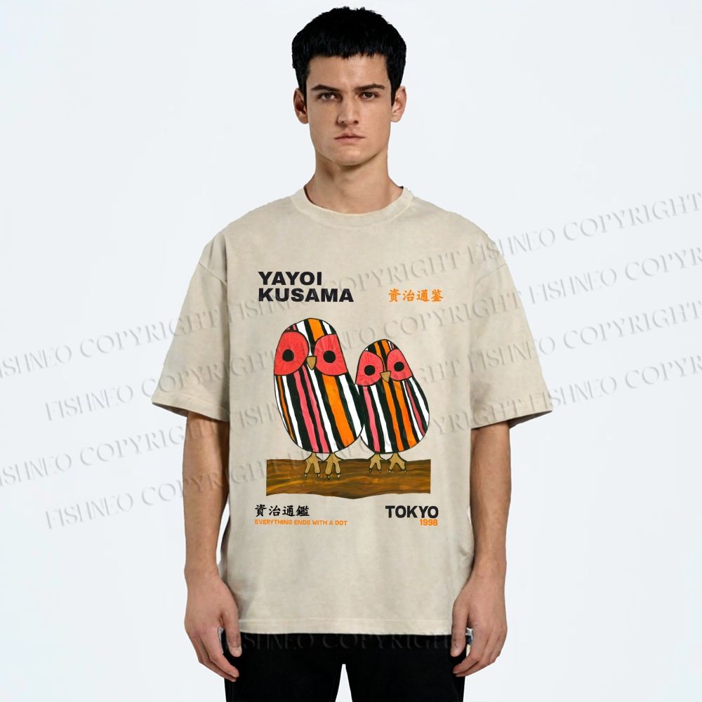 Unisex Yayoi Kusama Geometric Bird Printed Washed Tee
