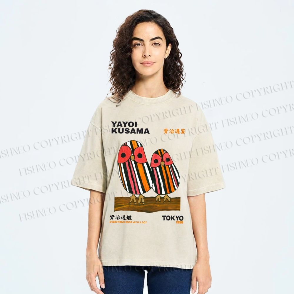 Unisex Yayoi Kusama Geometric Bird Printed Washed Tee