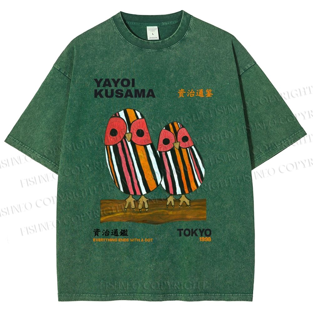 Unisex Yayoi Kusama Geometric Bird Printed Washed Tee